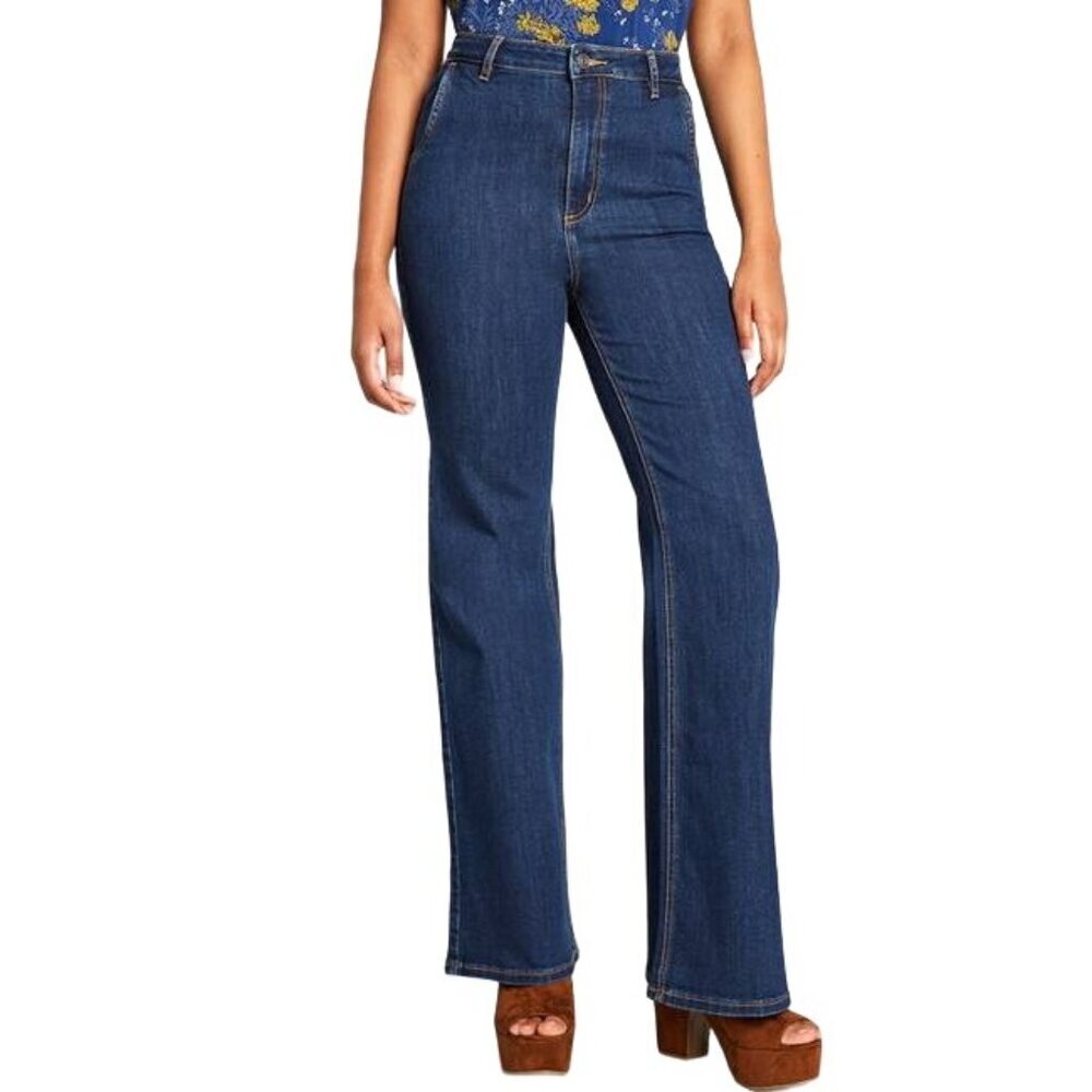 ModCloth‎ The Grier Wide Leg Flare Jeans Ultra High Rise Dark Blue Wash plus 26